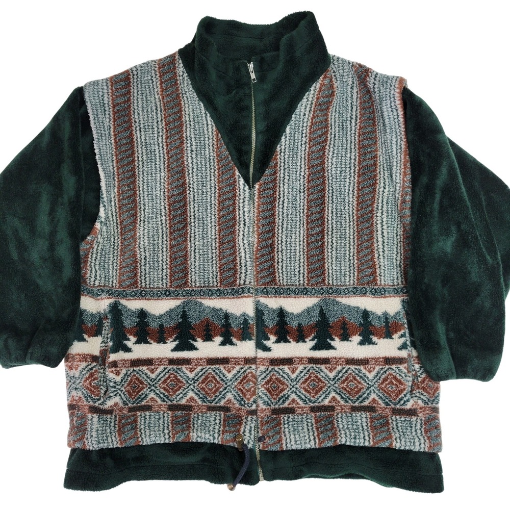 DENALI‎ Fleece Jacket Full Zip Green Geometric Mountain Trees Nature Size Large